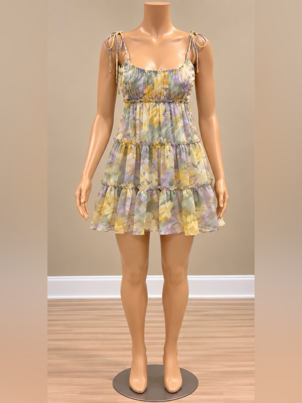 Angel Biba Pastel Floral Tiered Babydoll Mini Dress Tie Strap Ruffle S NWT
